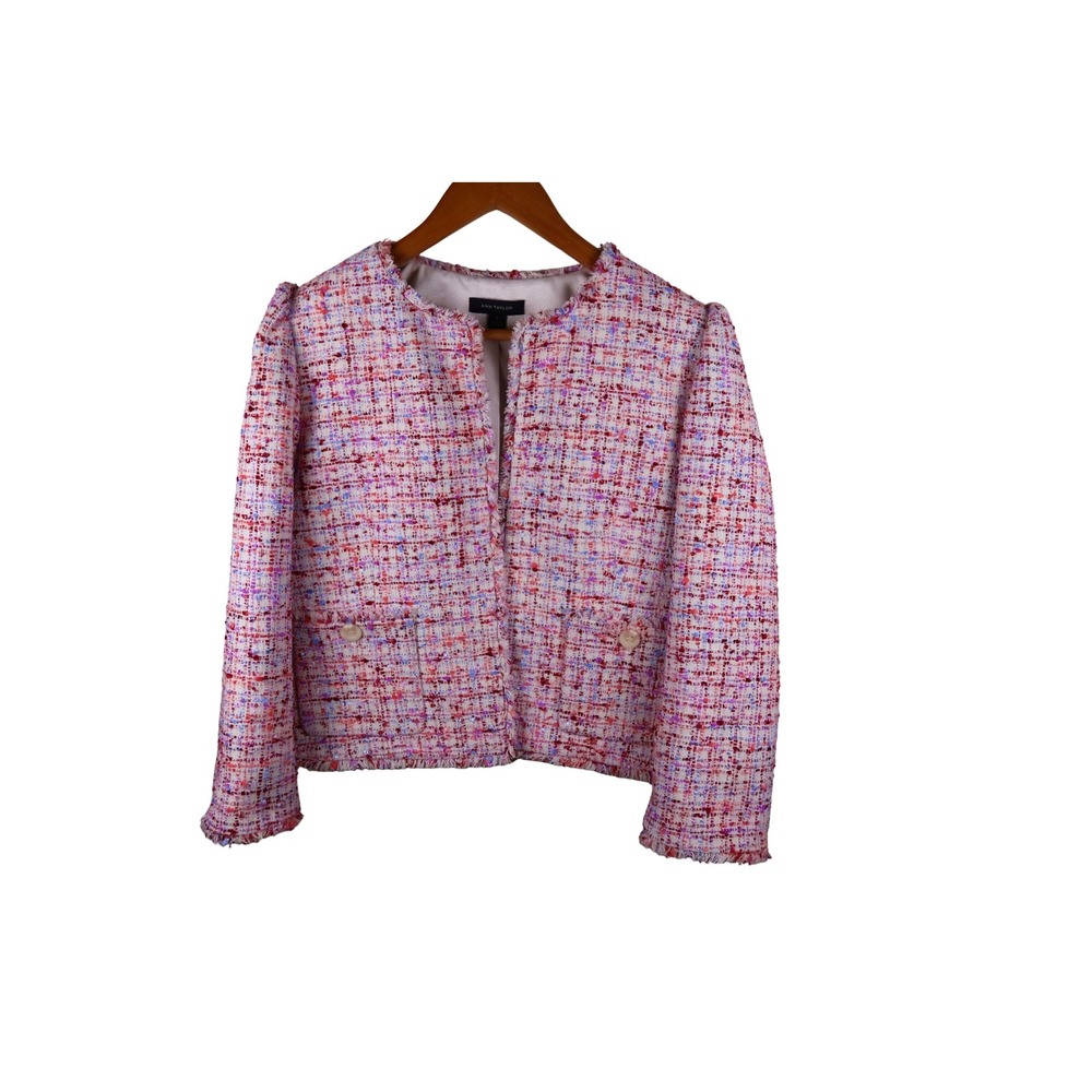 Ann Taylor Pink Multi Tweed Fringe Open Front Blazer Jacket Size 6 Excellent